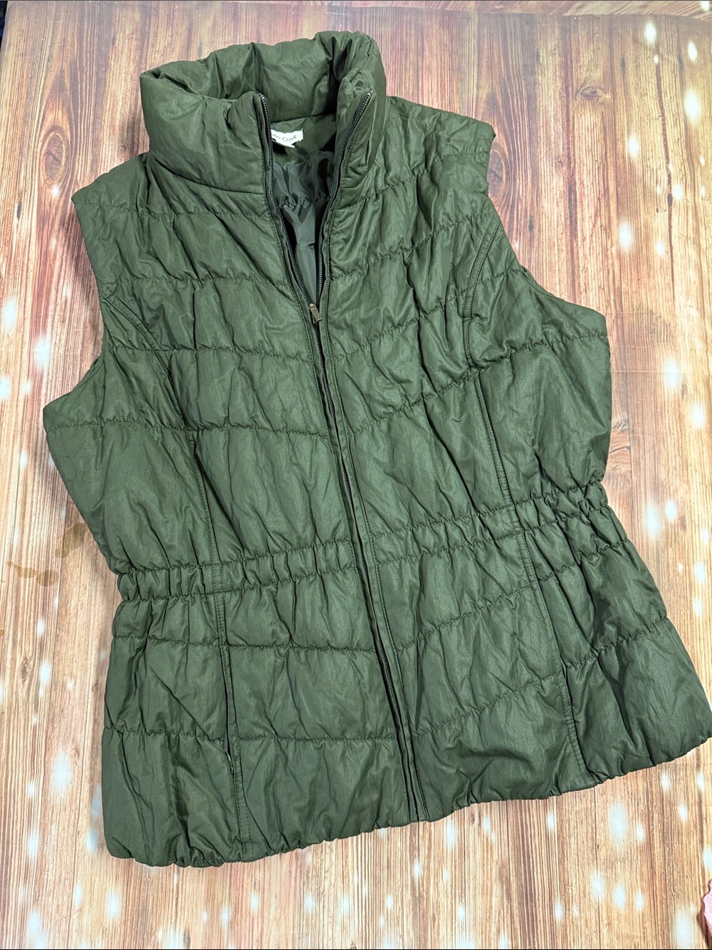 Coldwater Creek Olive Green Quilted Puffer Vest with Stand Collar